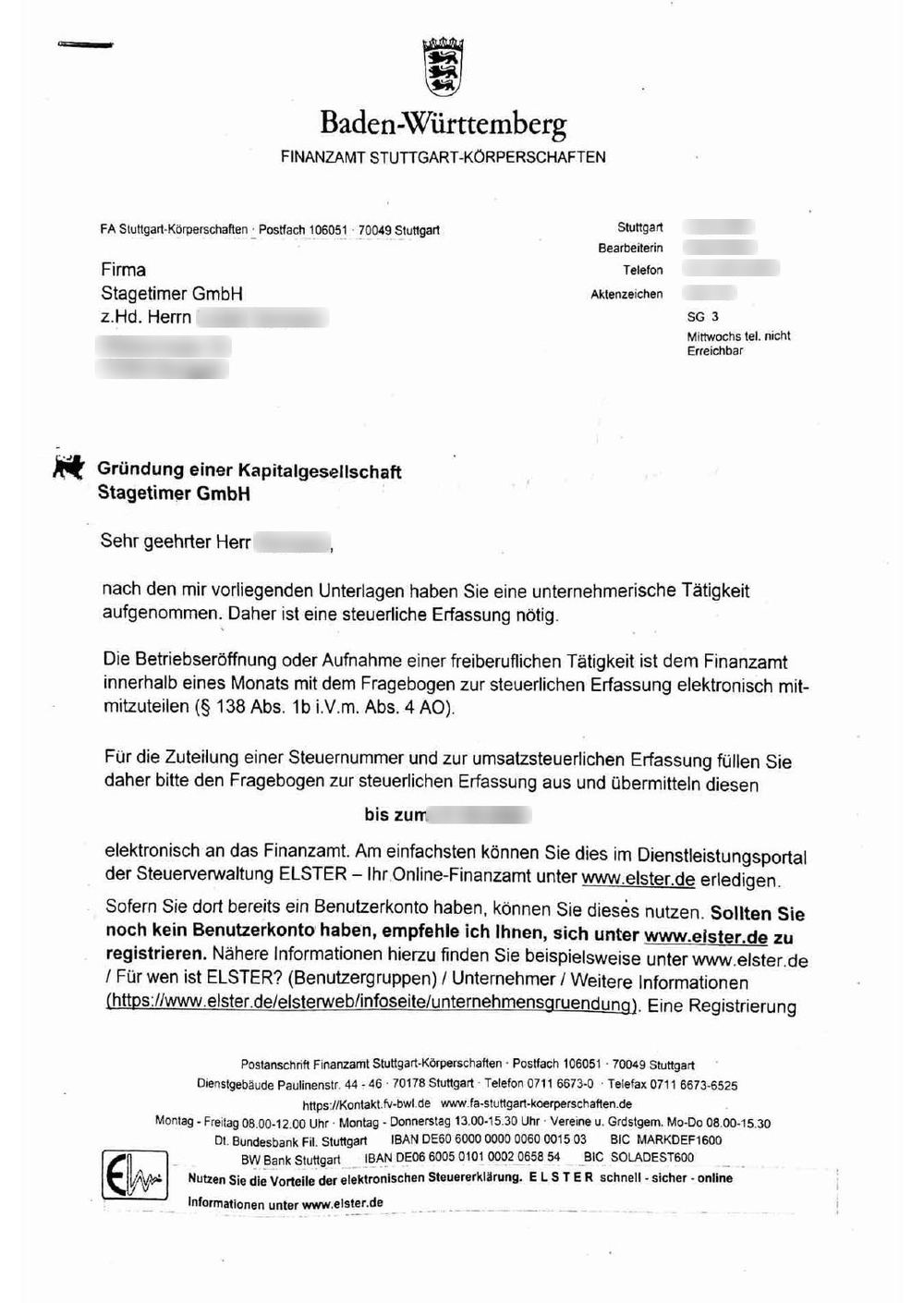 Brief vom Finanzamt Stuttgart-Körperschaften mit dem Betreff „Gründung einer Kapitalgesellschaft“, der den Fragebogen innerhalb von etwa fünf Wochen anfordert