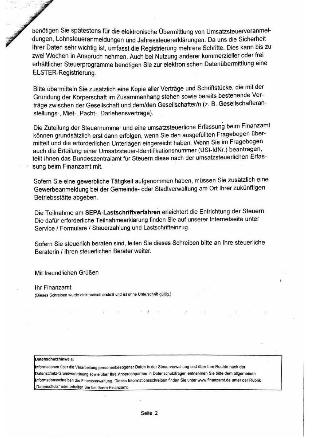 Zweite Seite des Finanzamtsbriefs, die Kopien aller Gründungsverträge und der Verträge zwischen Gesellschaft und Gesellschaftern anfordert