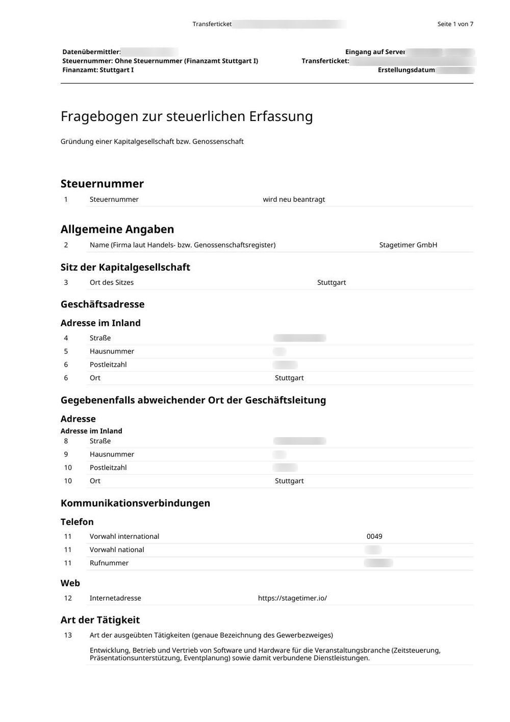 Seite 1 des FsE-Übertragungsprotokolls: Steuernummer, Firmenname, Sitz, Adressen, Telefon, Website und Tätigkeit (Adressen und Telefon unkenntlich)