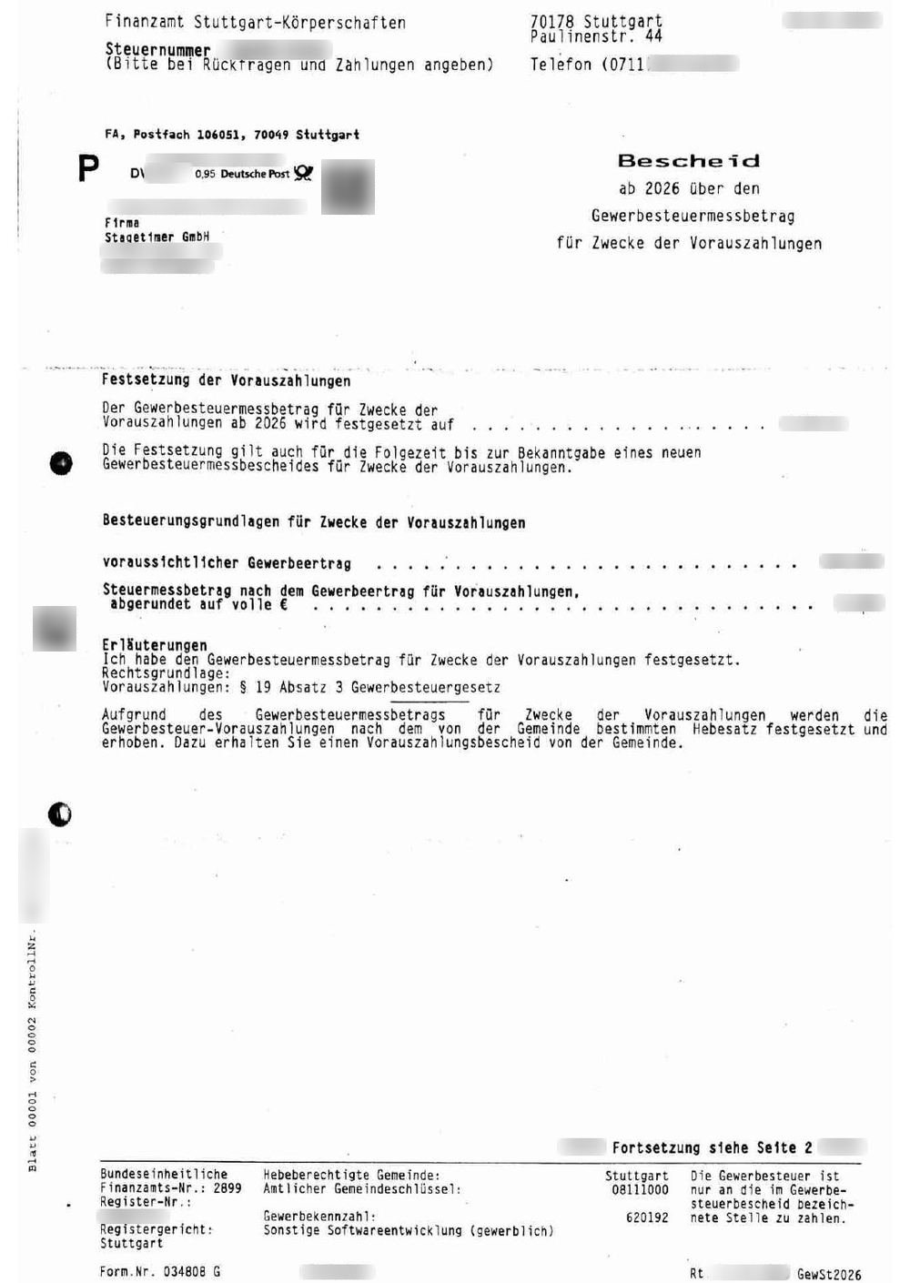 Bescheid über den Gewerbesteuermessbetrag für die Vorauszahlungen, auf Basis des voraussichtlichen Gewerbeertrags (Beträge unkenntlich)