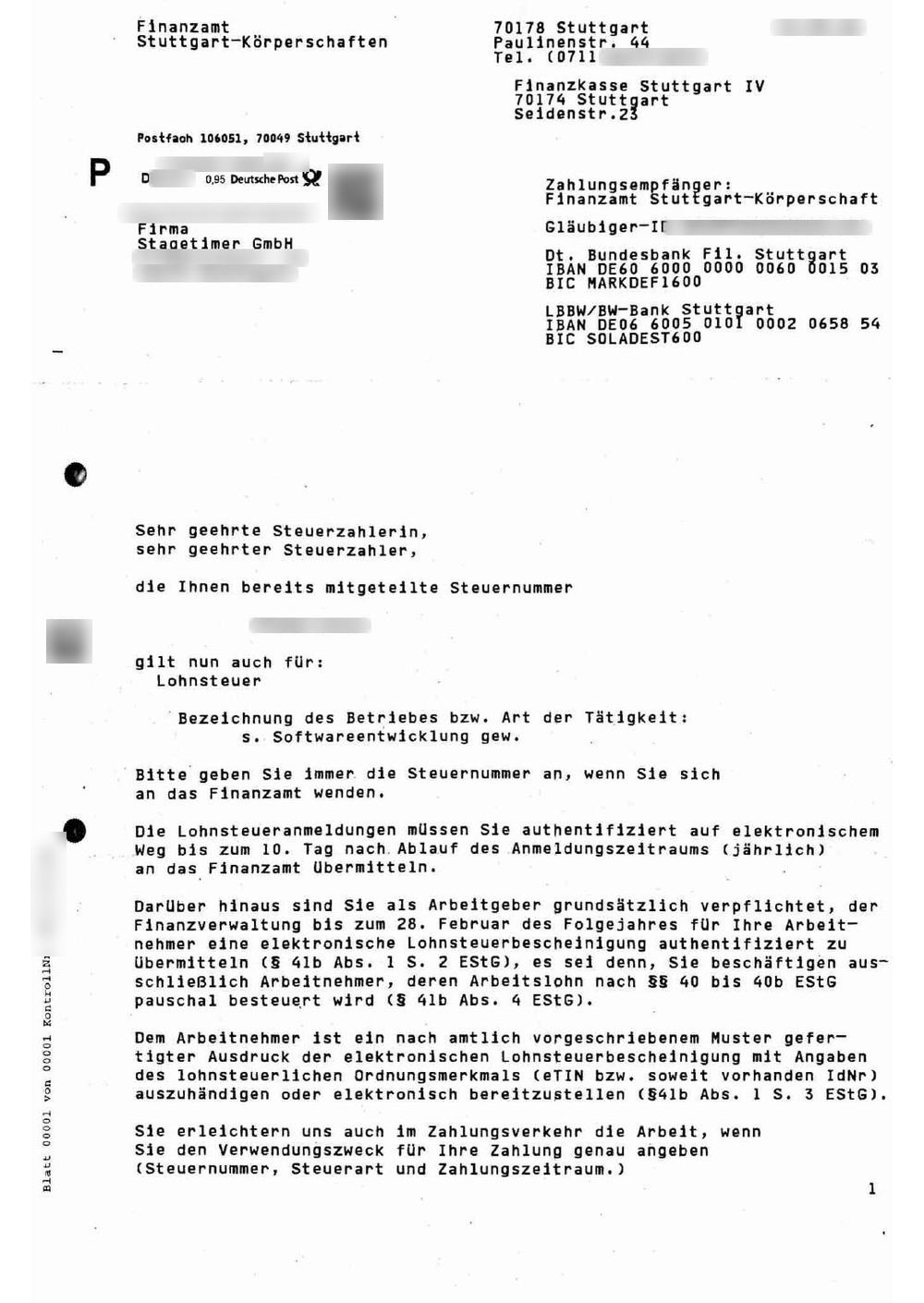 Brief: Die Steuernummer gilt nun auch für die Lohnsteuer