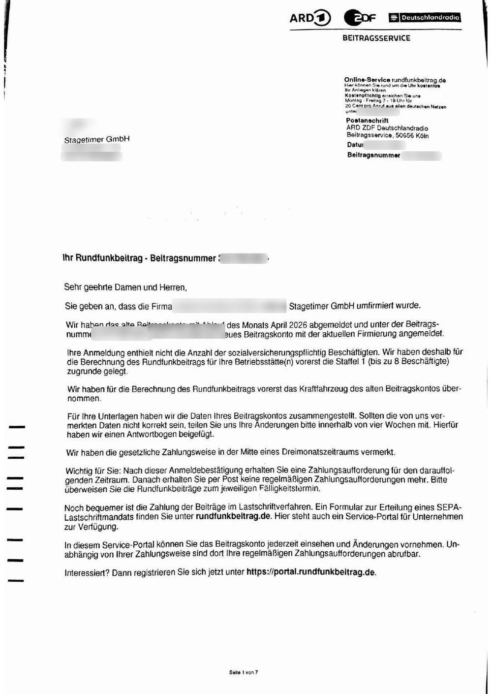 Schreiben des Beitragsservice: keine Angabe zur Zahl der Beschäftigten, daher gilt Stufe 1 (bis 8 Beschäftigte)