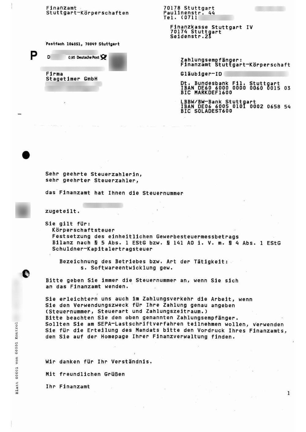Steuernummer-Schreiben mit Körperschaftsteuer, Gewerbesteuermessbetrag, Bilanz und Kapitalertragsteuer