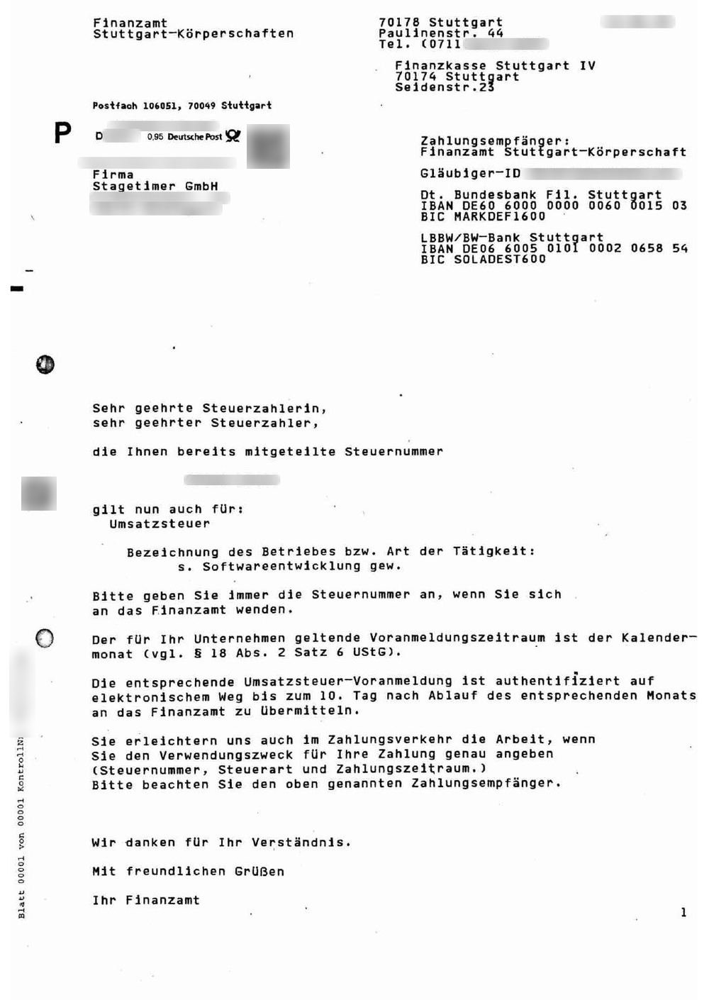Brief: Die Steuernummer gilt nun auch für die Umsatzsteuer, monatliche Voranmeldungen
