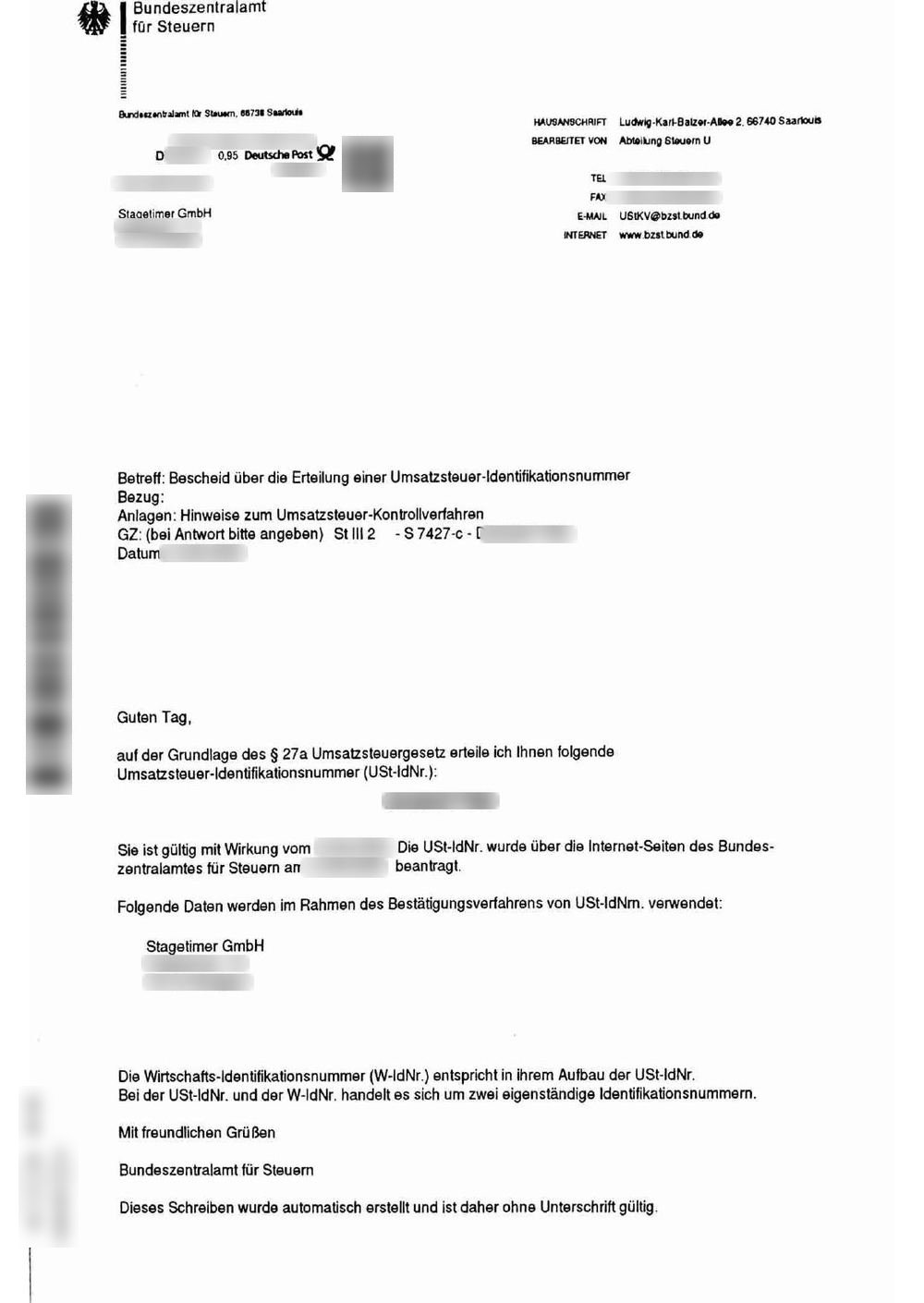 Mitteilung des BZSt über die USt-IdNr.