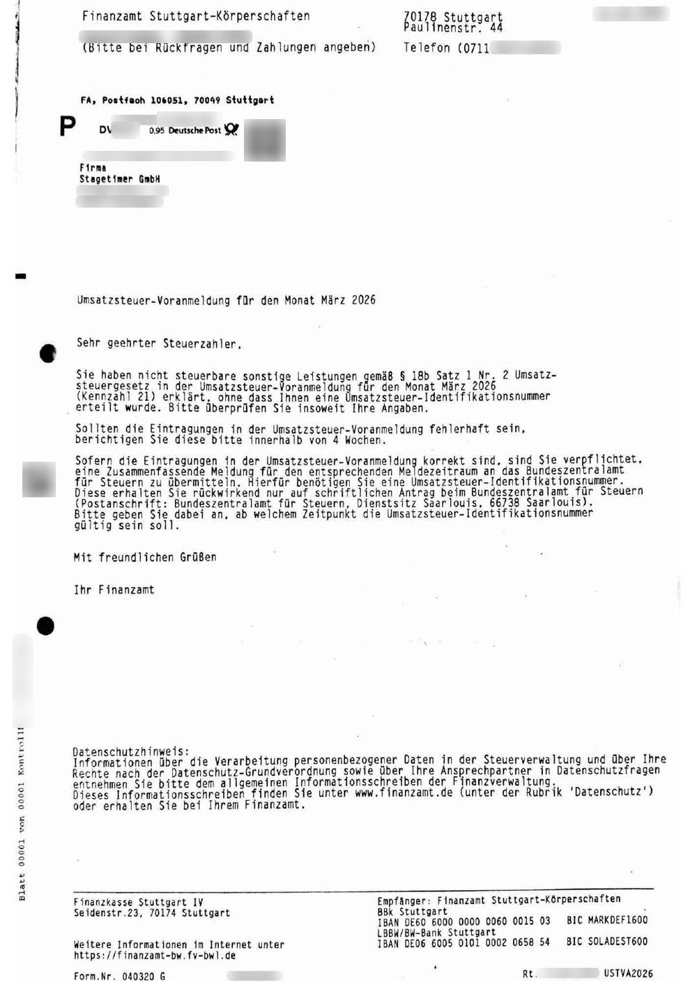 Brief des Finanzamts zu EU-Dienstleistungen in der Umsatzsteuer-Voranmeldung für März ohne USt-IdNr.