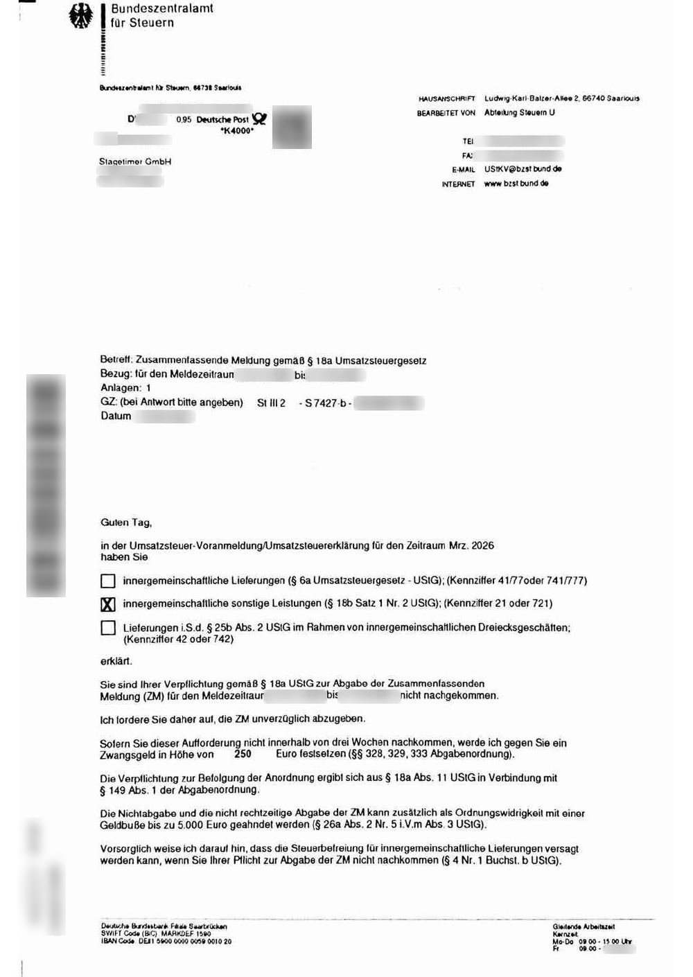 Aufforderung des BZSt, die Zusammenfassende Meldung für Q1 2026 abzugeben, unter Androhung eines Zwangsgelds von 250 €