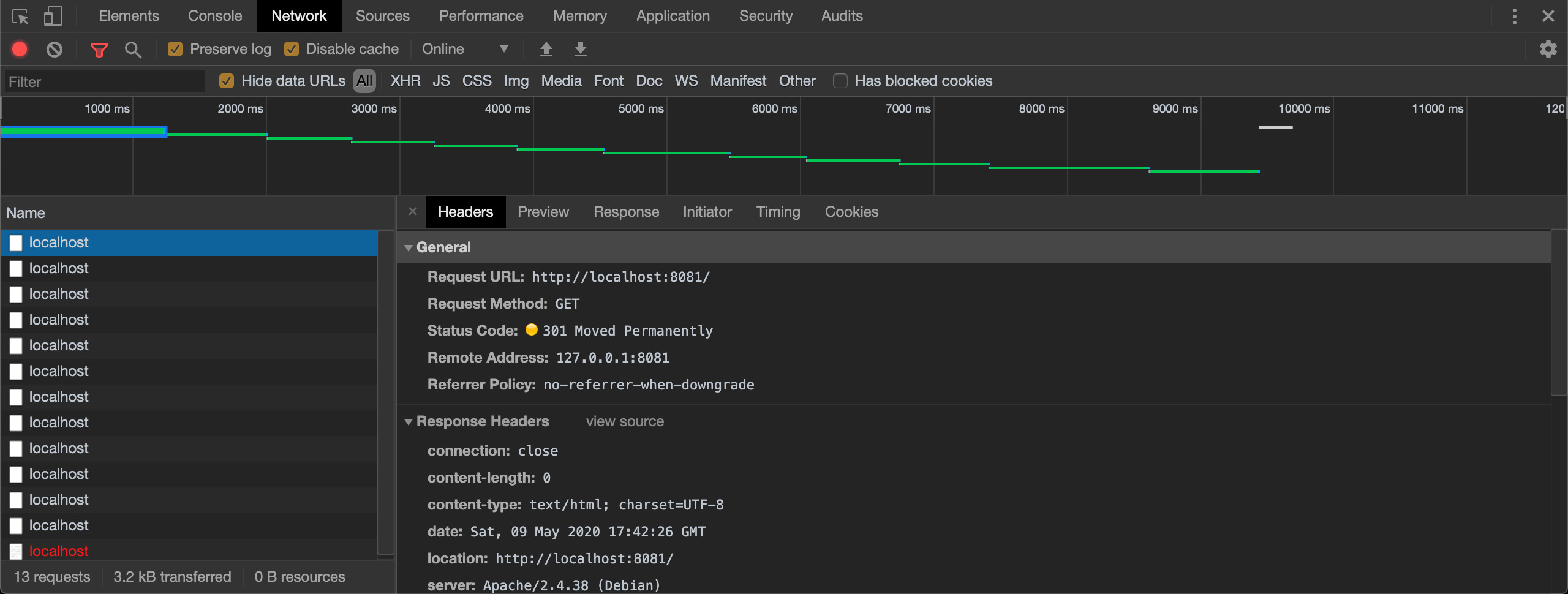 Developer Tools network tab showing details about a single redirect